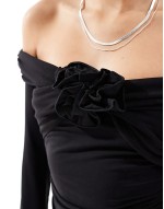 off shoulder long sve top with front corsage in black