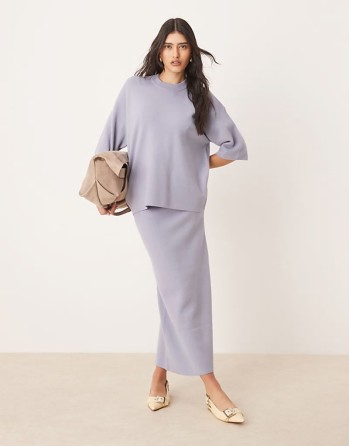knitted structured t shirt & midaxi skirt co-ord in pale blue