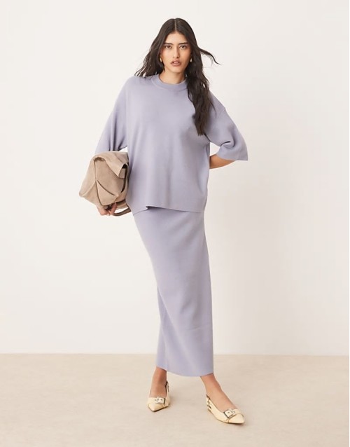 knitted structured t shirt & midaxi skirt co-ord in pale blue