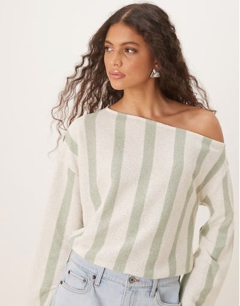 slouchy off shoulder top in jersey knit stripe