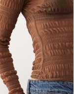 Jichan ruched mesh long sve top in chocolate
