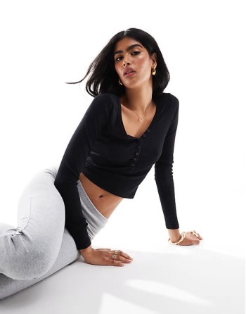 Cotton On kelsey v front henley long sve top black