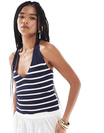 fine knit v neck halterneck top in navy & white stripe