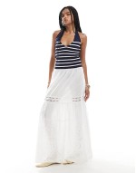fine knit v neck halterneck top in navy & white stripe