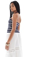 fine knit v neck halterneck top in navy & white stripe