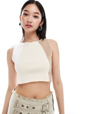 seam detail crop tank top in beige and white