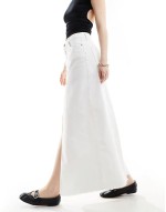 a-line denim maxi skirt with front split in white