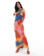 long sved mesh maxi dress in sunset blue print