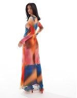 long sved mesh maxi dress in sunset blue print