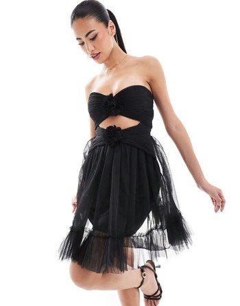 ruffle rosette mini dress in black
