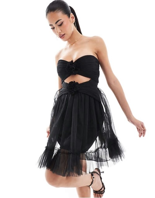 ruffle rosette mini dress in black