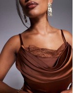 fuller bust Naomi satin midaxi boned corset dress with lace trim in toffee brown