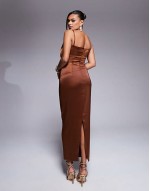 fuller bust Naomi satin midaxi boned corset dress with lace trim in toffee brown