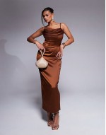 fuller bust Naomi satin midaxi boned corset dress with lace trim in toffee brown