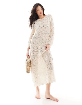 long sve maxi crochet beach dress in cream