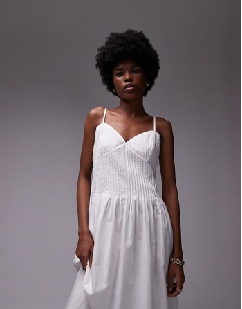 strappy pleated midi sundress in ivory