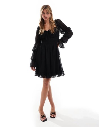 dobby milkmaid long sve sve shirred waist mini dress in black