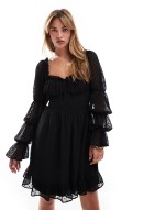 dobby milkmaid long sve sve shirred waist mini dress in black