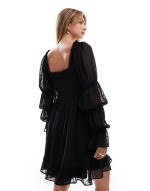 dobby milkmaid long sve sve shirred waist mini dress in black