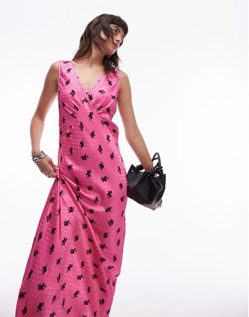 v neck midi length slip dress in jacquard floral print
