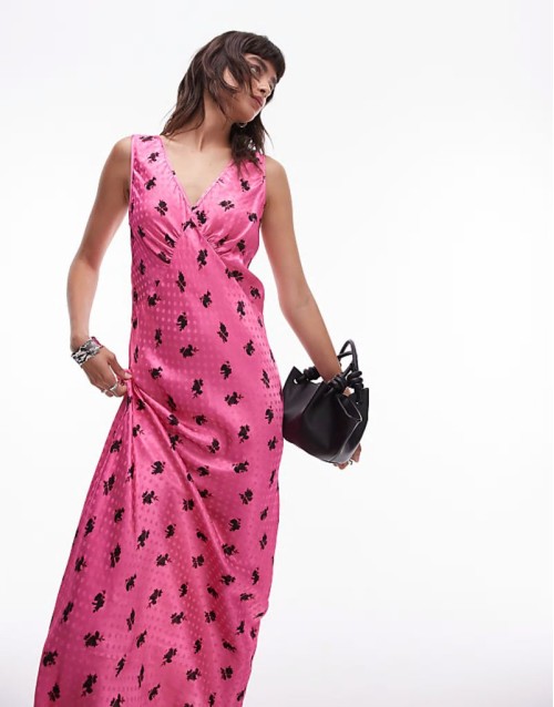 v neck midi length slip dress in jacquard floral print