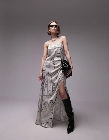 premium square neck wrap midi slip in sketch print
