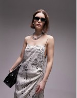 premium square neck wrap midi slip in sketch print