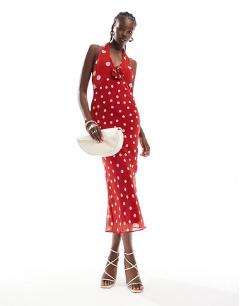 chiffon halter maxi dress with corsage detail in mixed spot print