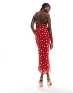 chiffon halter maxi dress with corsage detail in mixed spot print