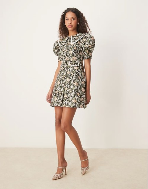 contrast collar jacquard mini dress in green floral