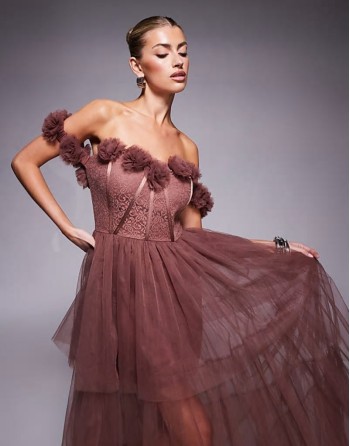 rosette corset maxi dress in rose brown