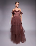 rosette corset maxi dress in rose brown
