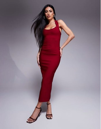 scoop neck halterneck bodycon midaxi dress in burgundy
