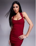 scoop neck halterneck bodycon midaxi dress in burgundy