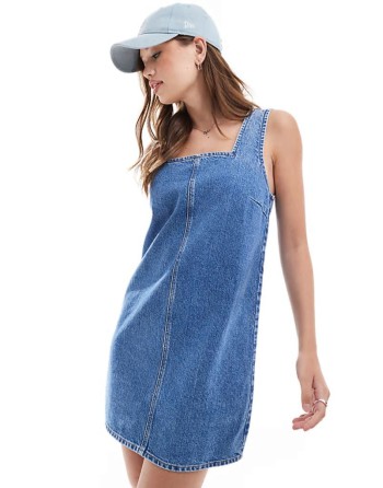 denim square neck shift dress in mid blue