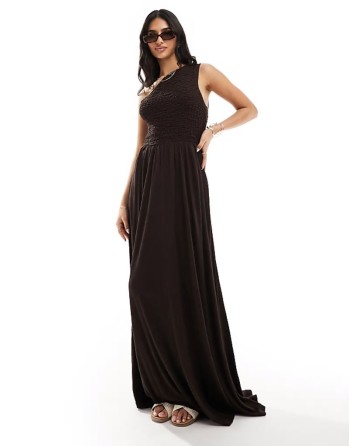 shirred crinkle one shoulder maxi dress in chocolate