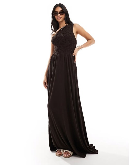 shirred crinkle one shoulder maxi dress in chocolate