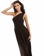 shirred crinkle one shoulder maxi dress in chocolate