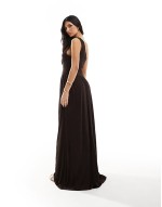 shirred crinkle one shoulder maxi dress in chocolate