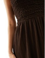 shirred crinkle one shoulder maxi dress in chocolate