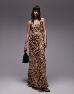 animal embellished maxi slip dress in brown