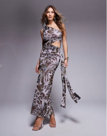mesh asymmetric one shoulder midi dress with long ties in abstract swirl print