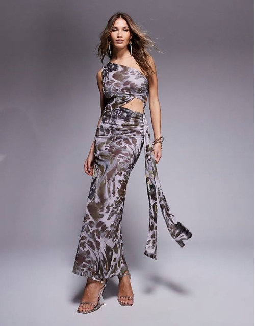 mesh asymmetric one shoulder midi dress with long ties in abstract swirl print