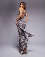 mesh asymmetric one shoulder midi dress with long ties in abstract swirl print
