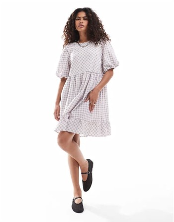 short sve smock mini dress in pink check