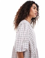 short sve smock mini dress in pink check