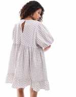 short sve smock mini dress in pink check