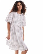 short sve smock mini dress in pink check