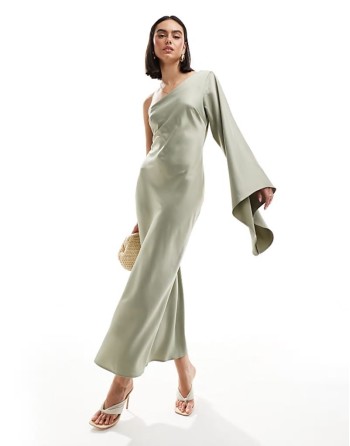 one shoulder long sved satin dress in light khaki