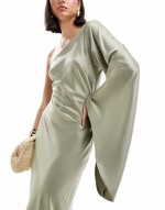 one shoulder long sved satin dress in light khaki